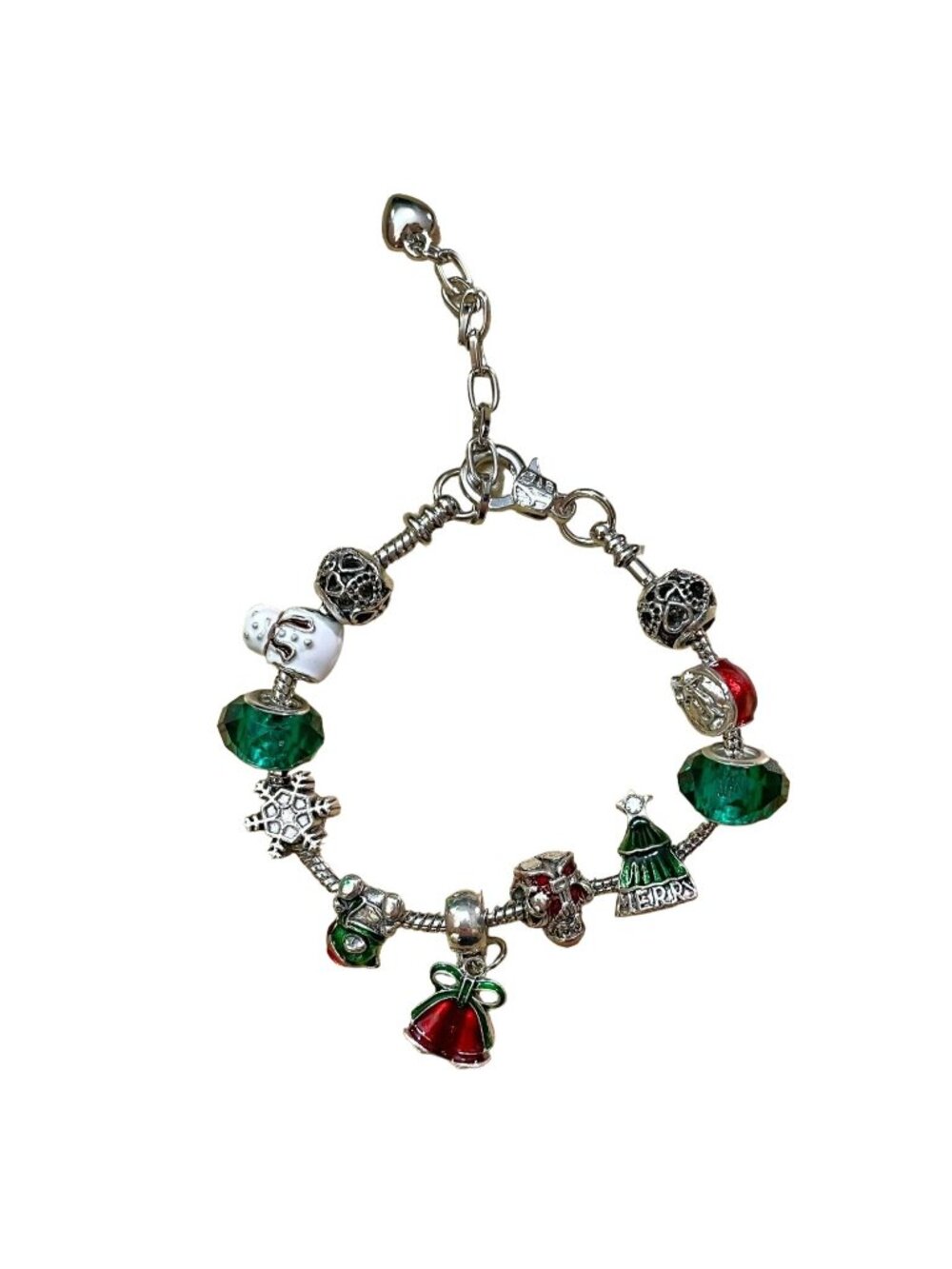 Christmas Charm Bracelet 8 Inch Adjustable Red Green Murano Glass Crystal